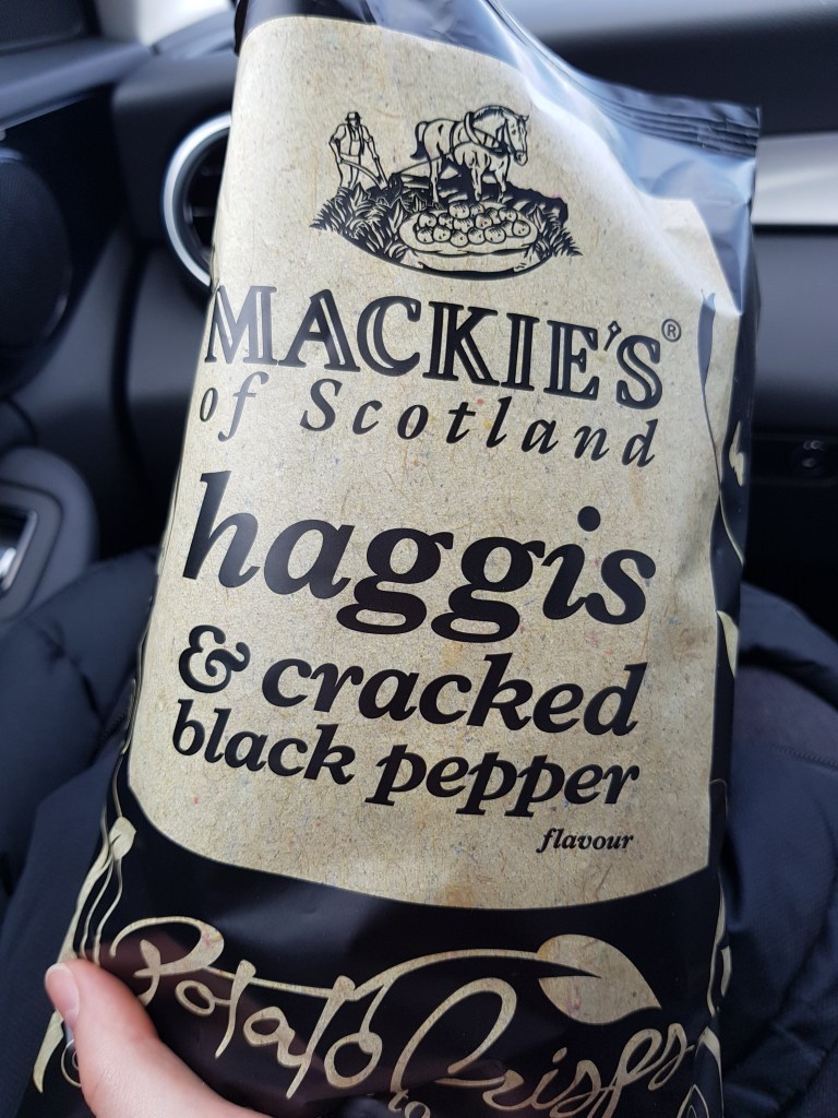 A Packet of Mackie's Haggis flavoured crisps