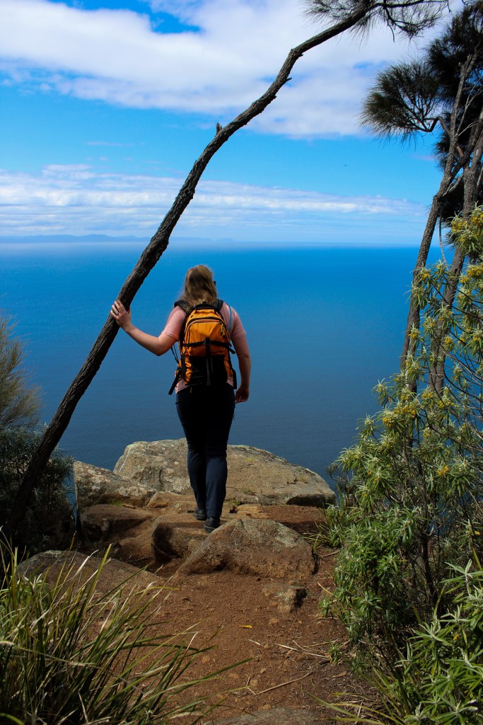 Sapphire, still wearing her bright orange backpack walks to the edge of the cliff at the final lookout. She is holding on to a tree for safety.