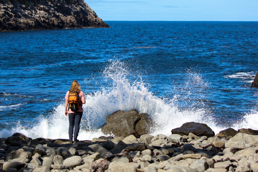 Sapphire stands in front of a crashing wave.