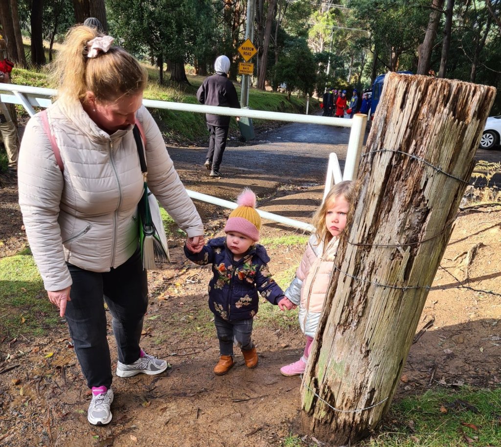 Mummy L holds the hand of Miss under 2yo who is wearing a beanie with a pompom on top and holding the hand of Miss 3yo, who is hiding behind a fence post.