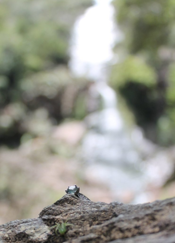The Sapphire in Sapphire's ring catches a small glimer of light through the trees, the Falls are blurred into the background 